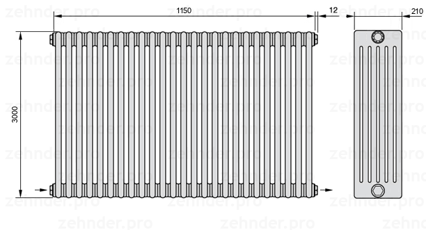 Схема (чертеж) Радиатор Zehnder Charleston 6300/25 №2670 Белый глянцевый RAL 9016